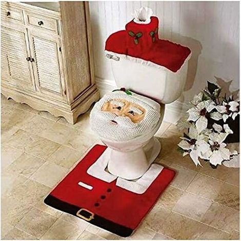 Ensemble de 3 pièces couvercle de siège de toilette couvercle de réservoir d'eau tapis décor de salle de bain ensemble père noël (1/2)