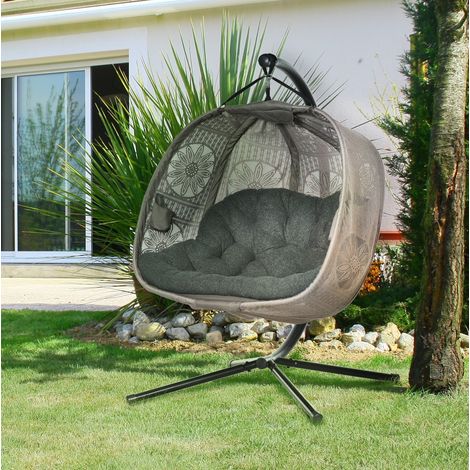 Sillón colgante de 2 plazas con soporte, plegable, con cojín, poliéster arena, acero DESVIAE (1/5)