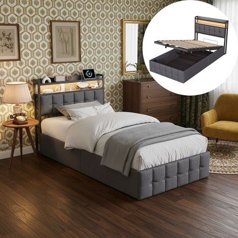 Letto singolo 90x200 cm, singolo, letto con stoccaggio, testata LED, USB, mensole, rete a doghe in legno, struttura in metallo, letto contenitore imbottito in lino – Grigio