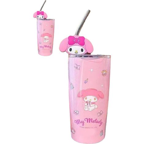 Gobelet isotherme avec couvercle et paille en acier inoxydable, motif anime mignon, rose, idéal pour le bureau, les voyages et la maison. Parfait pour le bureau, les voyages et la maison. (1/5)