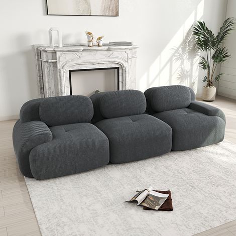 Canapé trois places, tissu velours côtelé, configuration modulaire, antidérapant- Gris (1/5)