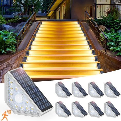 Lampes solaires d'escalier à capteur de mouvement, paquet de 8 lampes solaires pour l'extérieur, étanche IP65, lumière blanche chaude (1/5)