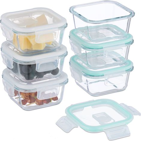 Relaxdays Boîtes alimentaires en verre, lot de 6, couvercle hermétique en plastique, 320 ml, récipients, transparents