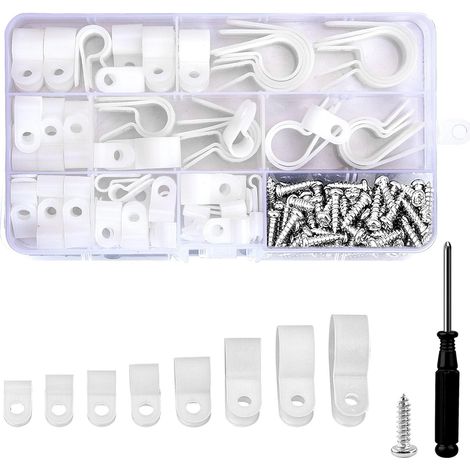 151pcs/8 tailles Clips cable,P-Clip,Accroche cable,Cavalier cable electrique avec Vis et Tournevis pour la Gestion des Câbles(Blanc) (1/5)