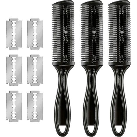Peigne rasoir 3 pièces avec 10 lames, peigne tondeuse, ciseaux, rasoir double tranchant (noir) (1/5)