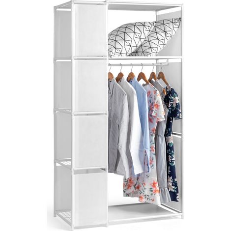 Vierstöckiger, zweireihiger Wandkleiderschrank mit Vorhängen und Staufächern (88,5  44,5  162,5 cm, weiß)
