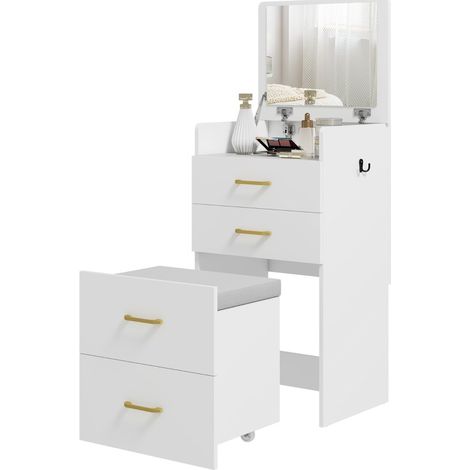 Coiffeuse 3-en-1 avec miroir, table de chevet, tabouret à roulettes et tiroirs, finition blanche (1/5)