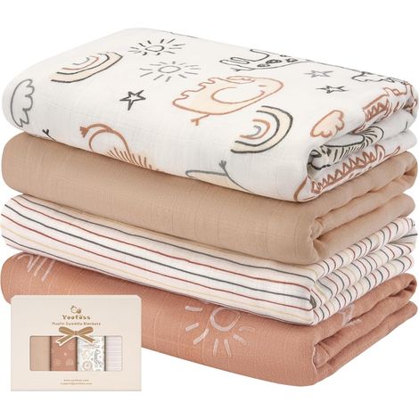 Couverture d’Emmaillotage pour Bébé Lot de 4 Langes de Gaze de Coton et Bambou 120x120 cm pour l’Emaillotage Couche Plaid Gigoteuse Couverture Serviette Bavoir (1/5)