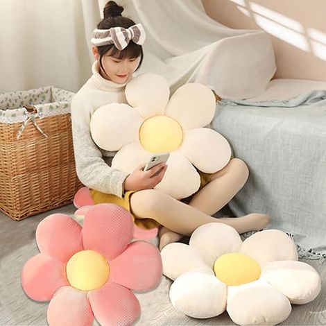 Coussin Fleur, 40x40cm Marguerite, de siège en Forme Tapis Sol Coussins Canapé pour la Maison, Le et Voiture(Rose Blanc) (1/2)