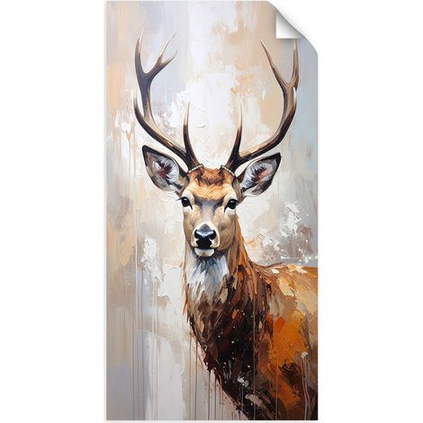 Selbstklebendes Poster – Wandsticker Porträt Hirsch Tiere Natur Beige 50x100 cm