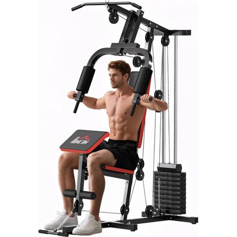 HOMCOM multiestación musculación con prensa de pecho, placas de peso 65 kg, curl de piernas y brazos, polea mariposa, para casa gimnasio, negro (1/5)