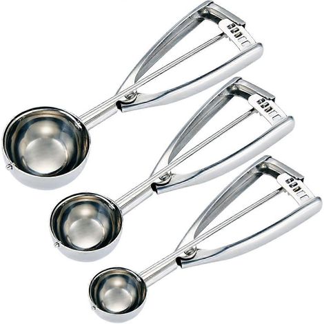 Set di 3 palette per gelato in acciaio inox: paletta per impasto, paletta a ciotola e paletta per melone, 70 (diametro 3,3 cm), 40 (4,5 cm), 24 (5 cm) (1/4)