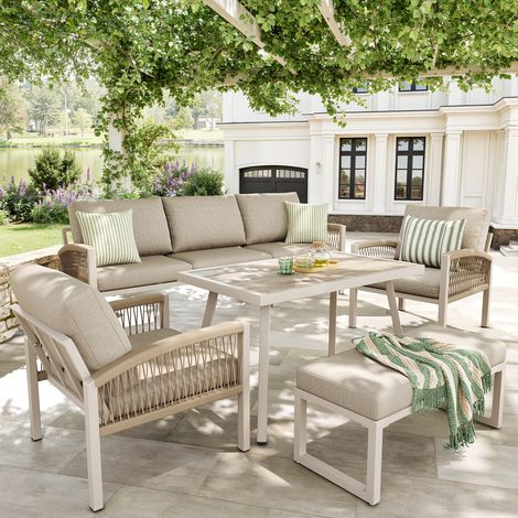 Canapé de jardin Siena - Salon de jardin 7 places avec canapé 173,5x65 cm, 2 fauteuils, banc, table verre effet bois, fer beige (1/5)