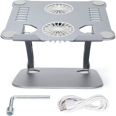 Soporte para portátil de aleación de aluminio con dos ventiladores de refrigeración ajustables, compatible con portátiles de 10 a 17,3 pulgadas, color gris oscuro.