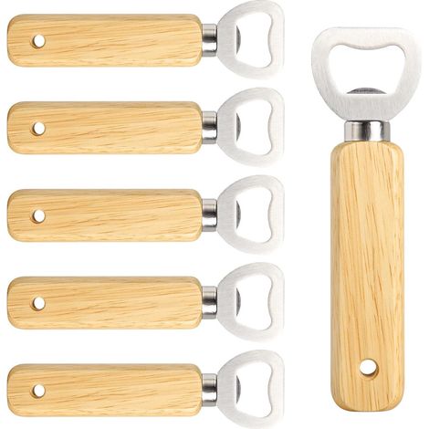 Ouvre-bouteilles en bois gravés - Lot de 6 ouvre-bouteilles portables avec têtes en acier inoxydable et trous de suspension - Personnalisables à faire soi-même pour la maison, le bar et les fêtes (1/5)