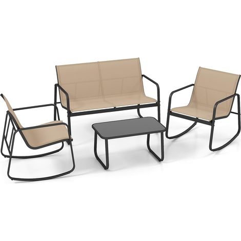 Salon de Jardin 4 Personnes, 4Pcs Canapé 2 Places avec 2 Fauteils à Bascule, Table Basse en Verre,pour Porche,Balcon (1/5)