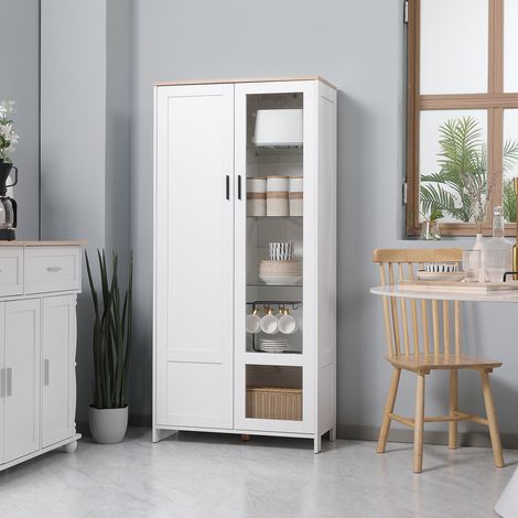 Buffet de cuisine armoire de cuisine meuble vitrine 7 étagères dont 3 étagères en verre 76 x 36 x 160 cm blanc