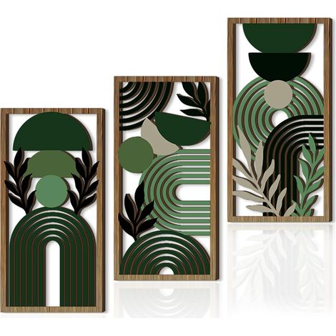 Lot de 3 œuvres murales abstraites en bois vert, cadre inclus, style bohème géométrique pour chambre