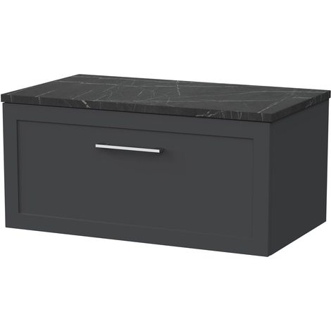 Stonnall Traditional Wall Hung 1 Drawer Vanity Unit with Black Pietra Marble Laminate Worktop, 800mm, Dark Grey