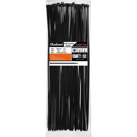 Kabelbinder Schwarz 300mm x 4,8mm, 100 Stück, UV-beständig, 22kg Zugfestigkeit (1/5)