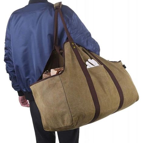 Panier à bois bûches pour cheminée, rangement bois de chauffage intérieur, toile kaki 60 x 30 x 50 cm, sac de rangement grande capacité, organisateur cuisine et camping (1/5)