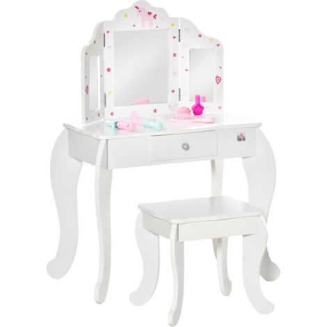 White Kids Vanity Table Set with Tri-Folding Mirror and Stool,Makeup Dressing Table with Drawer for Girls