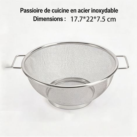 Panier égouttoir en métal inox à deux poignées, corbeille de lavage pour légumes, fruits et salade, dimensions 17,7 x 22 x 7,5 cm - Argenté (1/5)