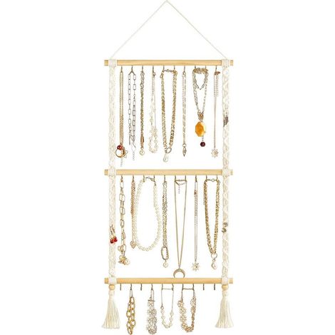 Wandmontierter Schmuckorganizer – 30 Holzhaken – Makramee-Baumwollkordel – Für Halsketten, Armbänder und Ohrringe – 86 x 33 cm – 1 Stück (1/5)