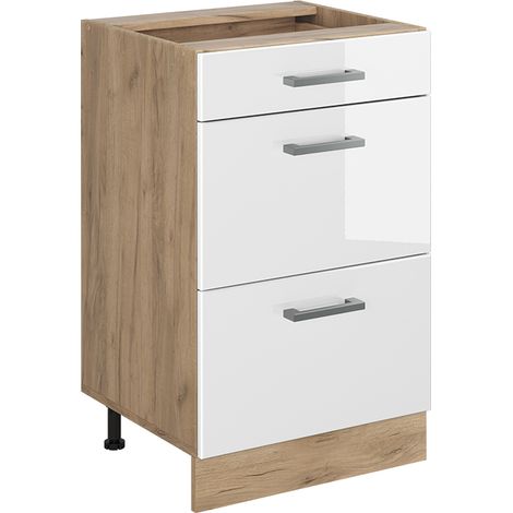 Mueble bajo de cocina R-Line, Blanco alto brillo/Roble dorado, 50 cm sin encimera, Vicco (1/5)
