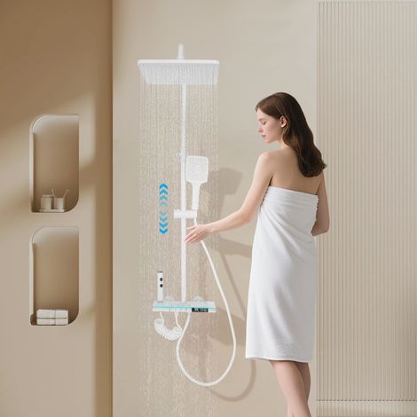 【Chauffage et ventilation】Ensemble complet de douche avec barre blanche, ensemble de douche pour salle de bains, 4 modes de jet, affichage LED de la température, barre réglable de 90 à 120 cm (1/5)