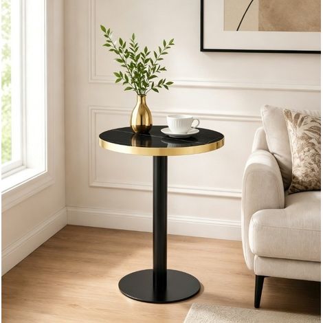 Tavolino rotondo 60 cm effetto marmo nero, bordo dorato, struttura in metallo nero DESVIAE (1/5)