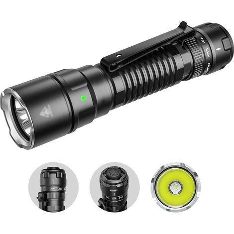 Tactique Lampe Torche LED rechargeable avec interrupteur rotatif magnétique USB C lampe de poche EDC claire, 1300 lumens, 479 m max,avec interrupteur rotatif magnétique, pour l'extérieur
