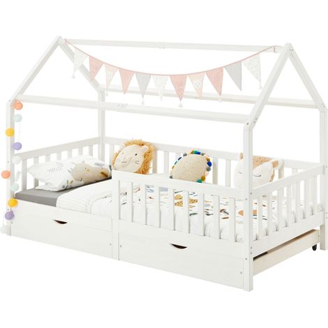 Idimex – Lit cabane 90 x 200 cm en pin massif lasuré blanc – 2 tiroirs de rangement – Barrières modulables pour sécurité enfant