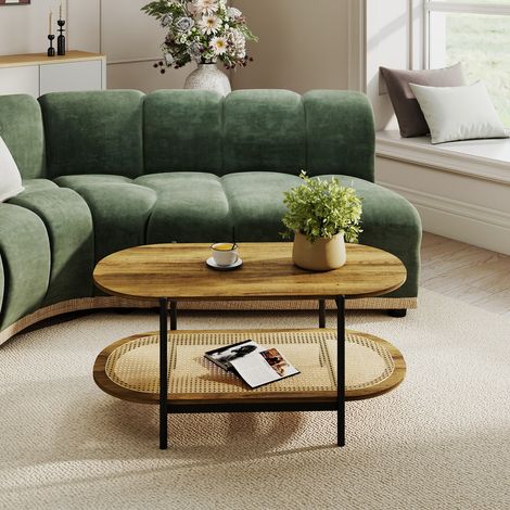 Ovaler Holzcouchtisch, Boho Rattan Couchtisch mit Ablageflächen und schwarzen Tischbeinen