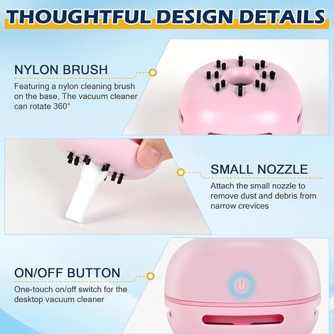 Table Vacuum Cleaner, Mini Desktop Vacuum Cleaner, USB Rechargeable, Table Crumb Pick Up for School, Office, Home, Pink (1/4)