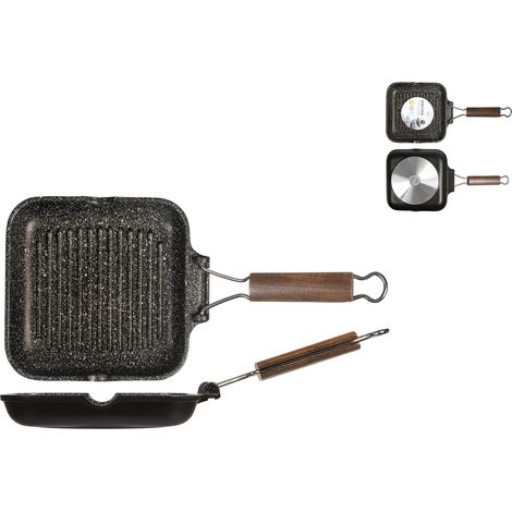 H&H Bistecchiera Antiaderente Pietra Manico Pieghevole Cm20 Ft Pentole Cucina, Nero, 20 cm (1/4)