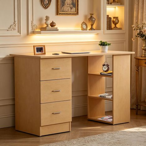 Bureau informatique 120x49 cm avec 3 tiroirs et 3 étagères réversibles, bureau de travail en MDF pour bureau ou chambre, Bois clair (1/5)
