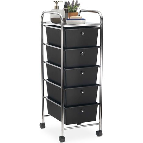 Caisson sur roulettes GINA chariot avec 5 tiroirs en plastique noir et 1 étagère, rangement salle de bain en métal chromé (1/4)