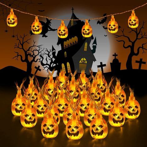 Guirlande Lumineuse Halloween 3M 20 LED Citrouille, Piles, Imperméable IP65, Déco Extérieur Intérieur Chambre Fête Jardin, Blanc Chaud (1/5)