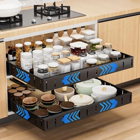 Tiroir Coulissant Cuisine, Lot de 2 Largeur Réglable de 30-50CM Tiroir Coulissant Placard, Panier Coulissant pour Placard Rangement pas de Perçage Nécessaire (1/5)