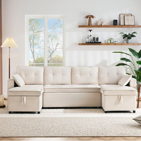 Divano angolare letto, da 4 posti con poggiapiedi, vano portaoggetti e portabicchieri, tasche laterali, in tessuto, beige (1/5)