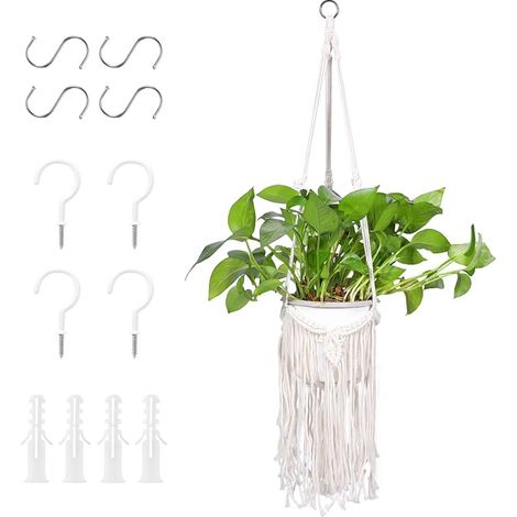 Macrame Plant Hangers, Cotton Rope Hanging Baskets with Hooks, Bohemian Flower Pot Holder for Indoor and Outdoor Decoration, Balcony, Window (White-Fringe) (1/5)
