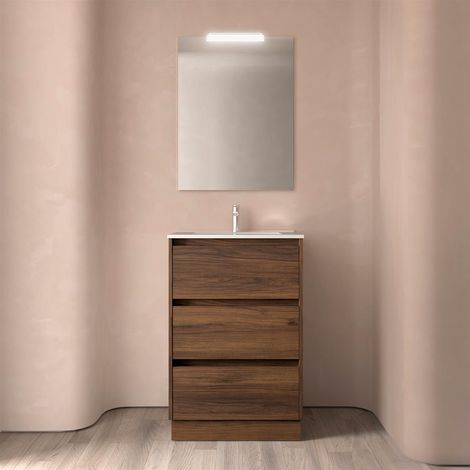 Ensemble complet Noja 600 3 tiroirs NOYER MAYA + Meuble-lavabo + Miroir + Luminaire (1/4)