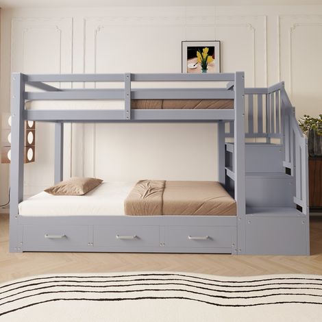 Lit superposé enfant 90x200 cm avec lit gigogne 90/180x190 escalier rangement 3 tiroirs sommier lattes bois massif gris robuste