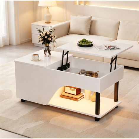 Mesa de centro elevable 100x50x46 cm blanca con almacenaje oculto, madera y metal, MEUBLIV (1/5)