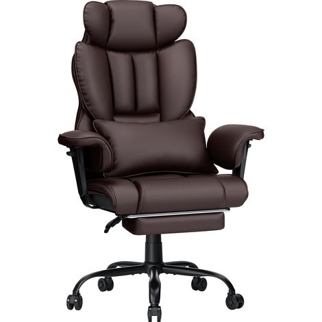 Masaje ergonómico Gaming- und Bürostuhl en Leder mit Fußstütze, verstellbarer Kopf- & Armlehne, 200 kg belastbar, Braun