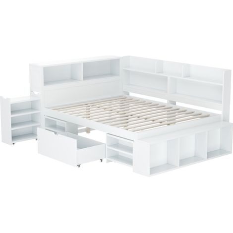 Cama infantil multifunción 140x200 cm con cajones, estantes y almacenaje, blanca HOMVRA (1/5)