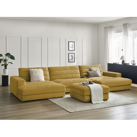 BOBOCHIC - Canapé panoramique fixe SIERRA velours avec pouf Jaune (1/5)