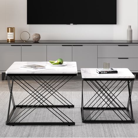Tables basses lot de 2 carrées, effet marbre brillant, pieds réglables, blanc/noir HAVRYA (1/5)