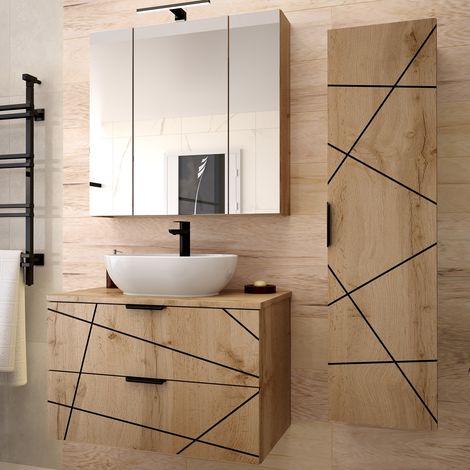 Waschtisch und Hängesäule 80cm Teren mit 2 Schubladen, Holzoptik